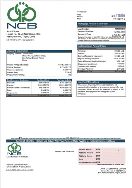 Download Libya National Commercial Bank mortgage statement Word and PDF template Photoshop template